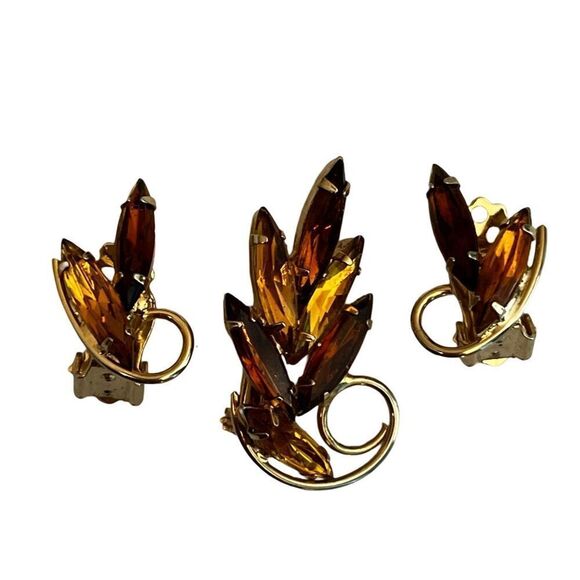 Mid Century Golden Topaz Matching Earrings & Brooch Jewelry Set - Picture 1 of 14